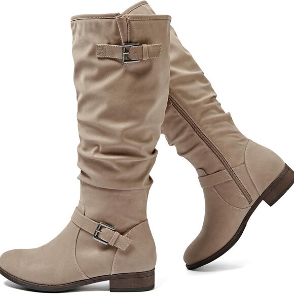 Women's Wide Calf Knee High Boots Slouchy Plus Size Leather Faux Leather - Picture 1 of 7